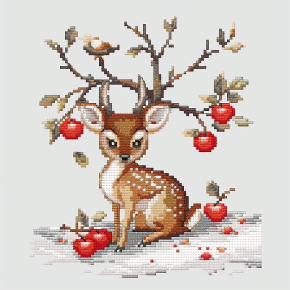 Cute Deer Tree Simple DIY 11CT Stamped Cross Stitch Kits for Beginners Easy Needlepoint Embroidery Counted Cross Stitch Art Craft for Wall Decoration 14x14inch(1)