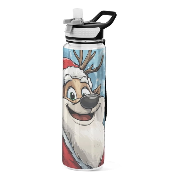 Cute Deer Wearing Santa Clothes Transparent Sports Water Bottle with Straw BPA Free Tritan 32oz for Gym Camping