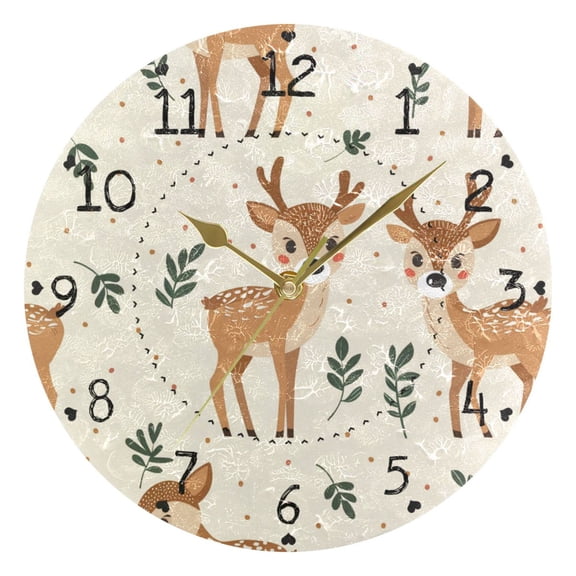 Cute Deer and Green Leaves Cartoon Round Wall Clock Silent Analog Battery Operated Gold Pointer Home Decor 9.84" Diameter