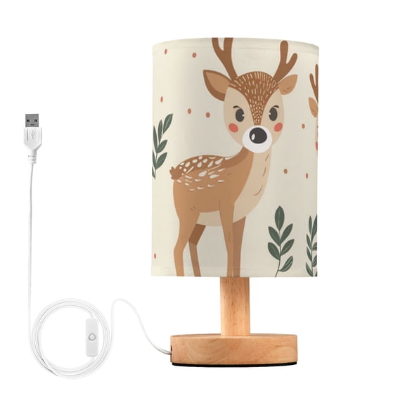 Cute Deer and Green Leaves Cartoon Table Lamp with USB Port LED Warm Light Lamp Night Light Home Decor