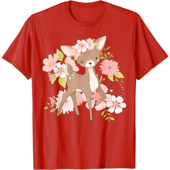 Cute Deer with Flowers and Blossoms Softstyle Unisex T-Shirt,Red Color,Size YM