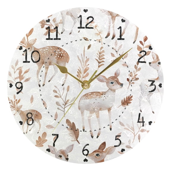 Cute Deers Leaves Cartoon Round Wall Clock Silent Analog Battery Operated Gold Pointer Home Decor 9.84" Diameter