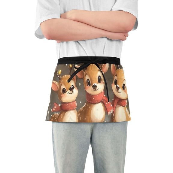 Cute Deers with Red Scarfs Short Server Apron with 3 Pockets for Unisex Chef Gardening