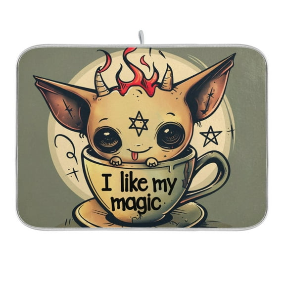 Cute Demon on Cup Dish Drying Mat 16x18 Absorbent Microfiber Draining Rack Pad for Kitchen Counter Sink