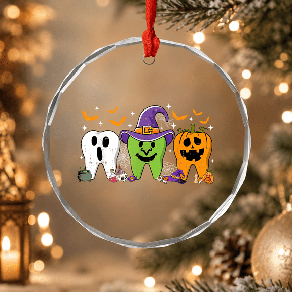 Cute Dental Halloween Dentist Teeth Ghost Pumpkin Witch Ornament, Holiday Decor, Circle Glass Ornament