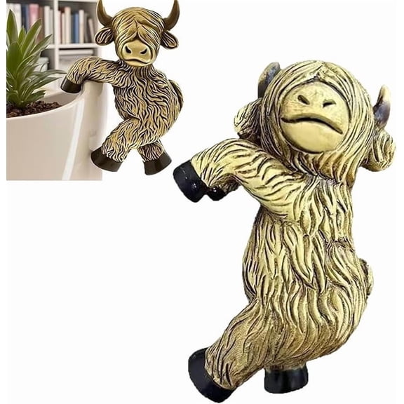 Cute Design Creative Highland Cow Resin Planter Hanging Ornament, Rustic Garden Figurine for Pot Rims Fences Balconies Decor