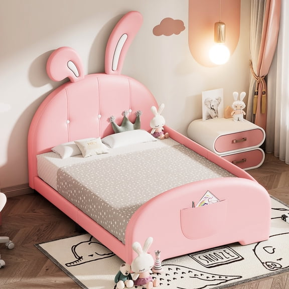 Cute Design, Good Stability - Twin Pink Platform Bed with Headboard and Footboard