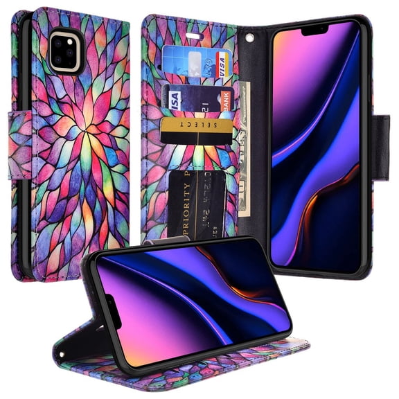 Cute Design Leather Wallet Case Kickstand Phone Case for Apple iPhone 12 Pro Max - Rainbow Flower