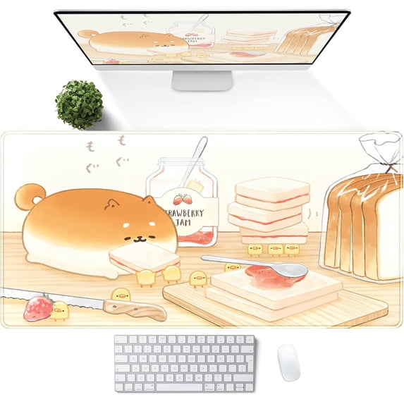Cute Desk Mat Anime Cartoon Desk Pad Mouse Pad Kawaii Large Yellow Shiba Inu Gaming Mousepad XXL Laptop Keyboard Desktop Writing Pad Stitched Edge Desk Accessories for Girls Students 31.5''''X15.7''''