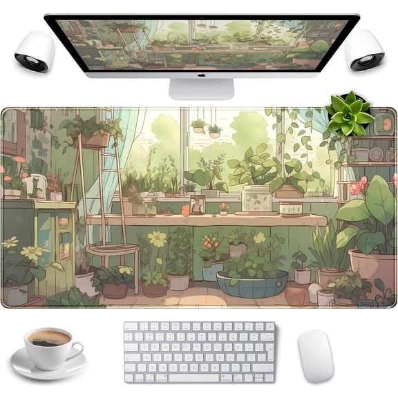 Cute Desk Mat Green Plants Gaming Mouse Pad XXL Large Extended Sage Laptop Keyboard and Mouse Mat with Stitched Edges, Computer Desktop Mat Playmat for Women Office Desk Decor Pad Mat 31.5x15.7 in