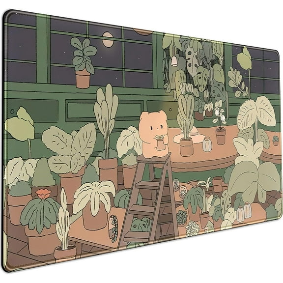 Cute Desk Mat Kawaii Bear Mousepad Cute Anime Plant Desk Protector, Kawai Aesthetic Brown and Green Forest Keyboard Mat, Large Mouse Pad XXL Gaming Desk Pad XL Office Home Decor for Women Girls