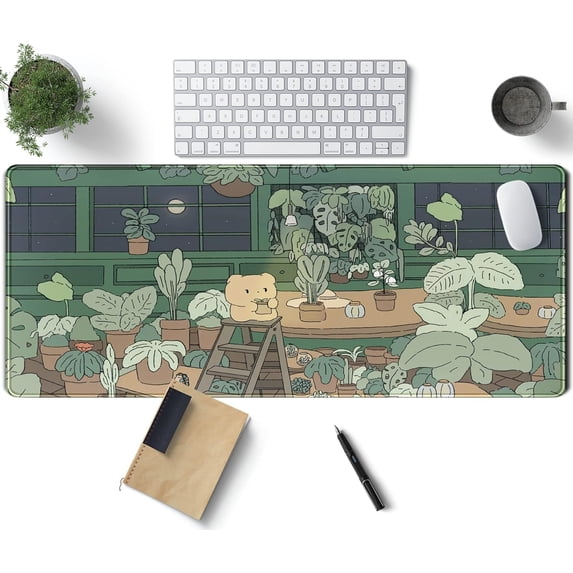 Cute Desk Mat Kawaii Bear XL Large Gaming Mouse Pads Desk Pad Desk Mats Pads on top of Desks Mousepad Cute Anime Plant Desk Protector 31.5x11.8 in, Aesthetic Brown and Green Forest Keyboard Pad