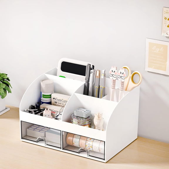 Cute Desk Organizer, Desk Organizer and Accessories with 6 Compartments and 2 Drawers, Plastic Makeup Organizer, Pen Holder for Desktop Storage, Desk Organization for Office Supplies, White
