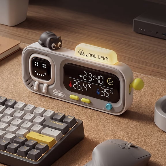 Cute Desktop Temperature Humidity Clock with Rocker Design, Type-C Rechargeable Water Drinking Reminder