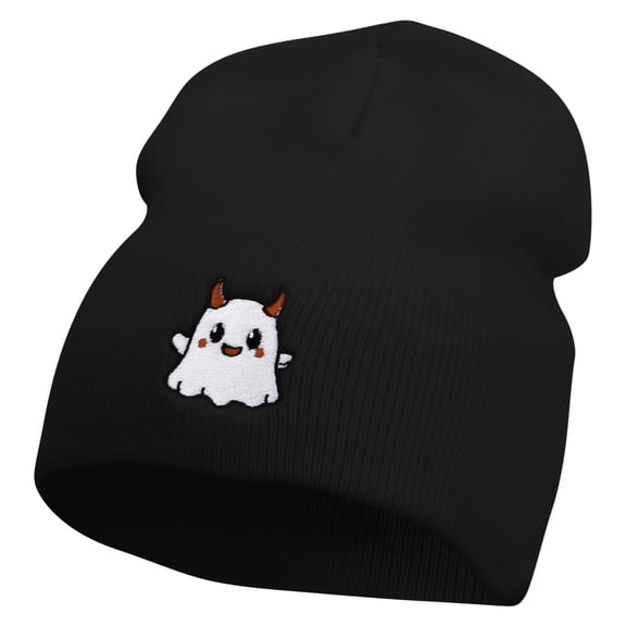 Cute Devil Ghost Embroidered 8 Inch Knitted Short Beanie - Black OSFM