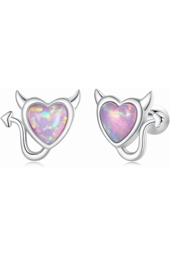 Cute Devil Opal Cartilage Small Stud Earrings for Women 925 Sterling Silver Colorful Birthstone Love Heart Tragus Screw 3mm Ball Back Sleeper Tiny Studs Earring Dainty Birthday Jewelry