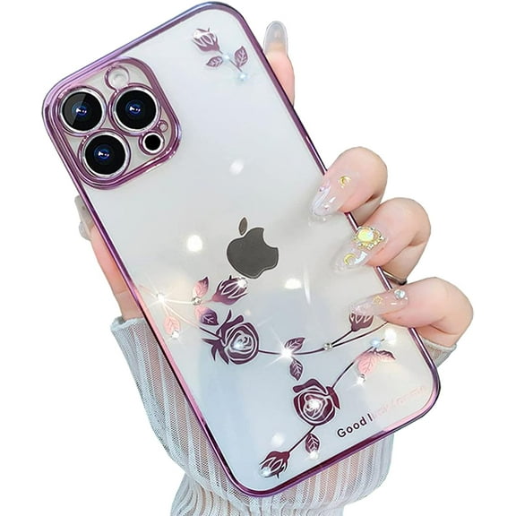Cute Diamond Case Compatible with iPhone 14 Pro 6.1 inch, Soft Bling Glitter Rhinestone Rose Flower Plating Cover with Camera Lens Protection Clear Back Cases for Women Girls(Purple)
