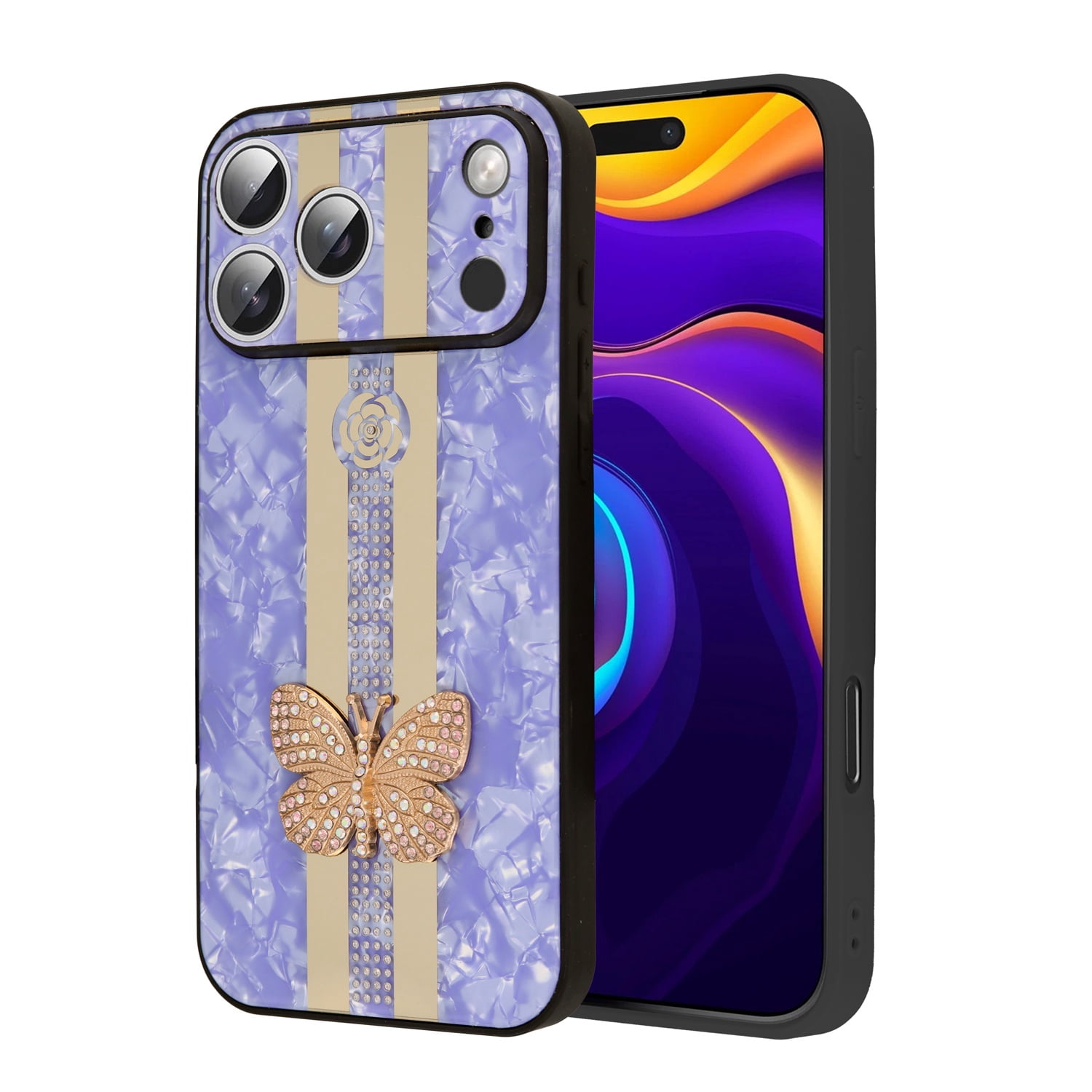 Cute Diamond Shiny Cases with Butterfly Design for iPhone 17 Pro Max - Purple