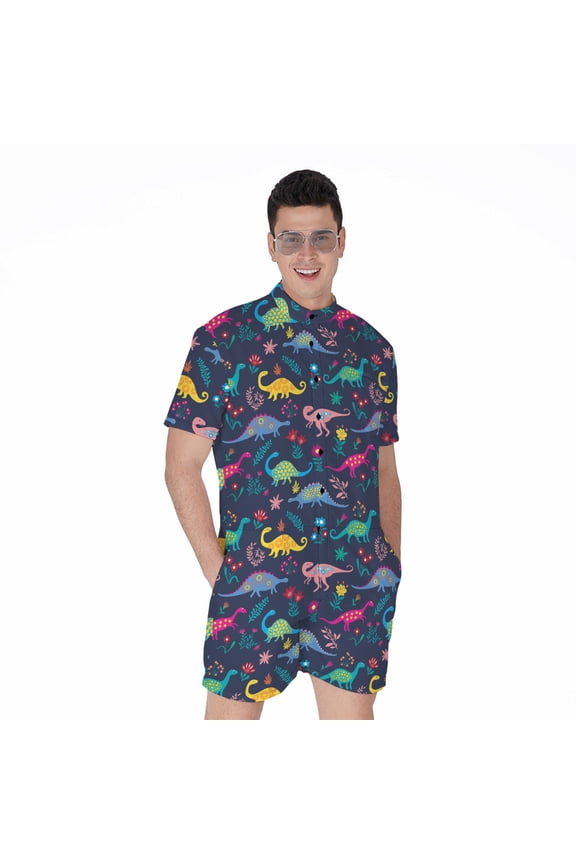 Cute Dino Floral Pattern Short Sleeve Men'S Rompers Casual Summer Jumpsuits Outfit