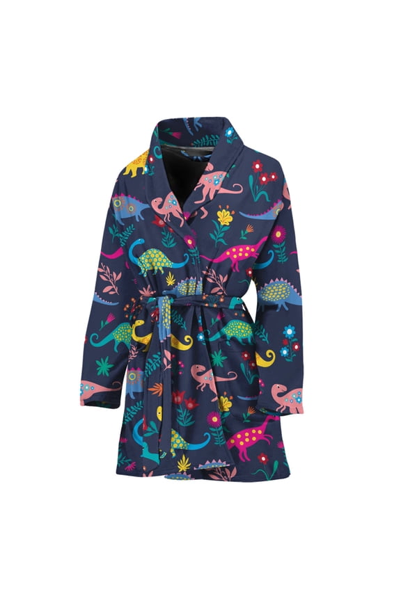 Cute Dino Floral Pattern Women Bathrobe One Size Univeral Fits Fashion Lightweight Plush Fleece Long Robe For Women