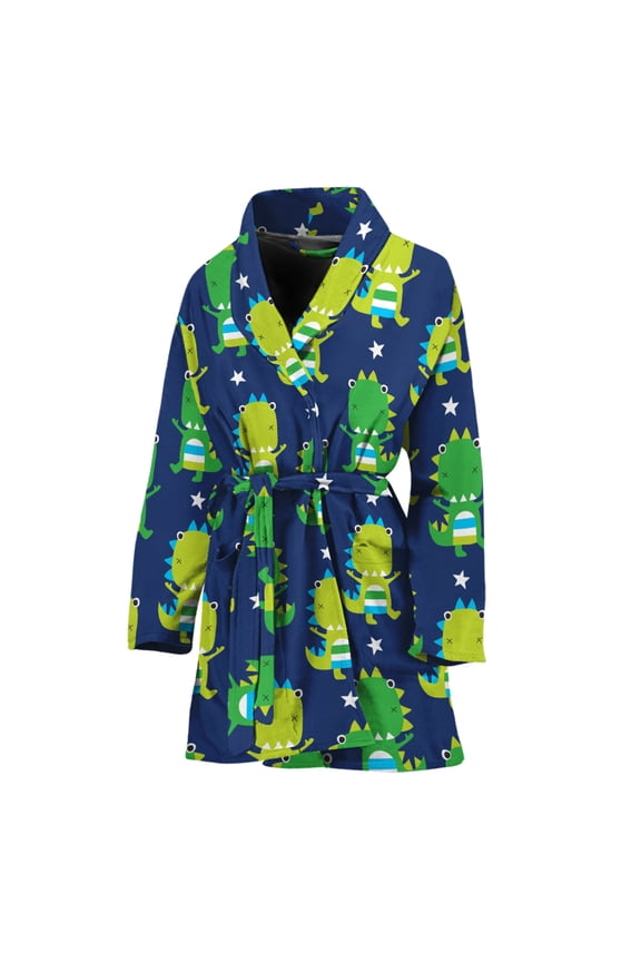 Cute Dino T-Rex Pattern Women Bathrobe One Size Univeral Fits Fashion Lightweight Plush Fleece Long Robe For Women