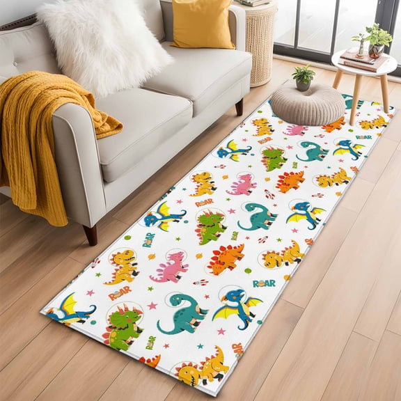Cute Dinosaur 2'x6' Runner Rugs for Hallway Kitchen Bedside Non Slip Washable, Cartoon Dino Funny Boys Girls Children Entryway Rug Runners with Rubber Backing, Long Carpet Runner for Laundry Room
