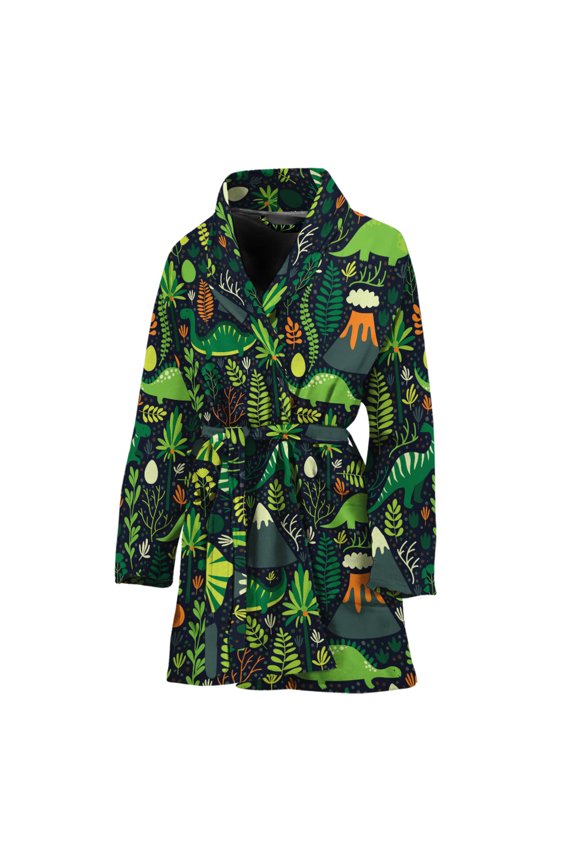 Cute Dinosaur And Floral Pattern Women Bathrobe One Size Univeral Fits, Dinosaur Fashion Lightweight Plush Fleece Long Robe For Women