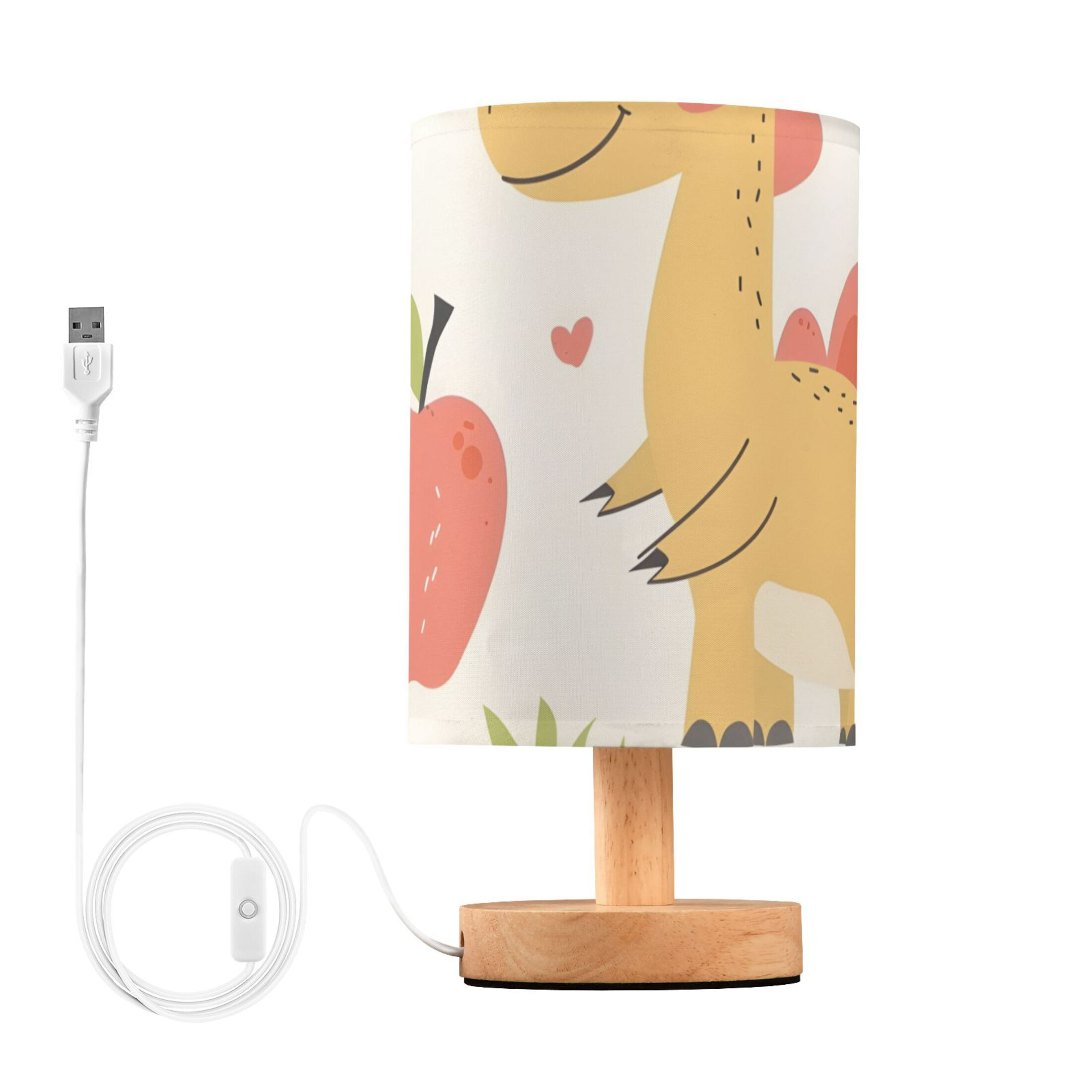 Cute Dinosaur Apples Table Lamp USB Bedside Desk Nightstand Lamp Printed Gifts Small Lamp Wood Base for Bedroom Living Room Kids Room College Dorm