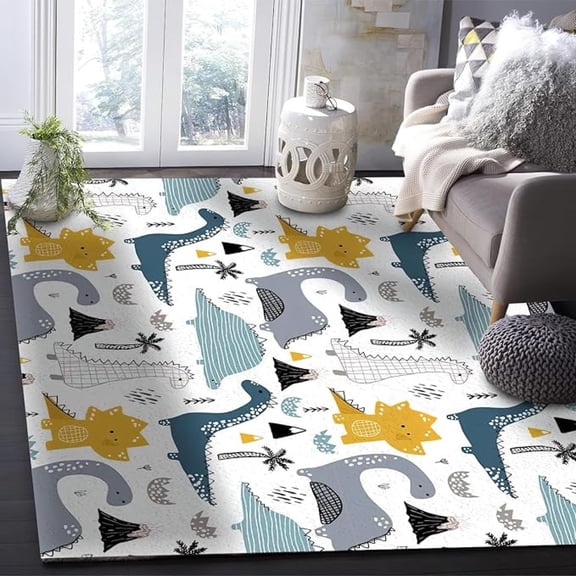 Cute Dinosaur Area Rug, Cartoon Coconut Tree Non Slip Throw Accent Rug, Machine Washable Carpet For Indoor Living Room Bedroom Office Decor Mat 1x2ft