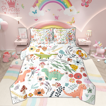 Cute Dinosaur Comforter Set 7 Piece Bed in a Bag Twin,Mushroom Floral Cartoon Animal Bedding Sets Watercolor Flowers Leaves Sheet Set with Comforter