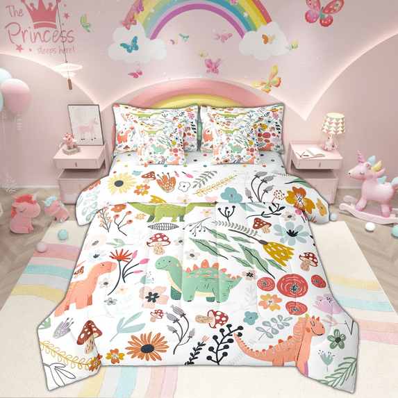 Cute Dinosaur Comforter Set 7 Piece Bed in a Bag Twin,Mushroom Floral Cartoon Animal Bedding Sets Watercolor Flowers Leaves Sheet Set with Comforter
