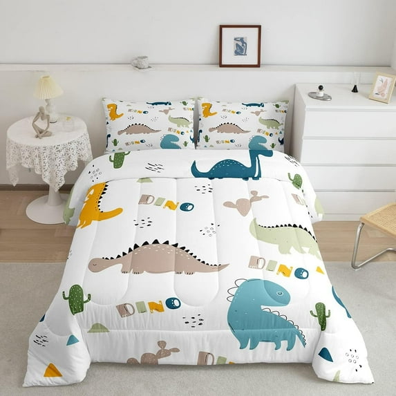 Cute Dinosaur Comforter Set Cartoon Cactus Bedding Set Decor Jungle Dino Boho Succulent Comforter Animal Pattern Yellow Grey Duvet Set Bathroom Quilt Set King