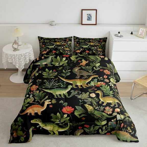 Cute Dinosaur Comforter Set Full Size,Jungle Forest Dinosaur Bedding Set Room Decor,Wildlife Animal Quilt Bed Set Green Leaf Plant Flower Down Comforter 3Pcs