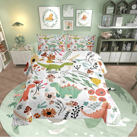 Cute Dinosaur Comforter Set Mushroom Floral Queen Bedding Sets,Cartoon Animal Quilt Watercolor Flowers Leaves Duvet Insert,Kawaii Room Decor