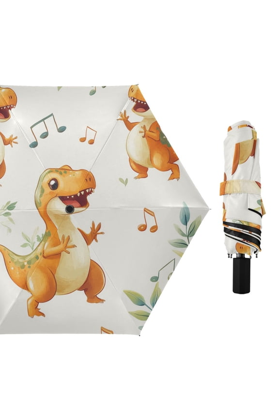 Cute Dinosaur Dancing Music Notes Leaves All Weather Umbrella Triple Folding Parasol 6 Ribs UV Protection Portable