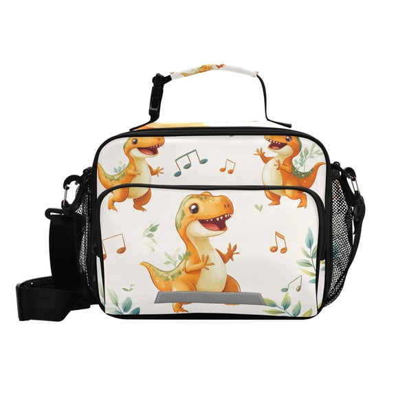 Cute Dinosaur Dancing Music Notes Leaves Insulated Lunch Bag Portable Cooler Bag Mommy Bag Large Capacity 6L