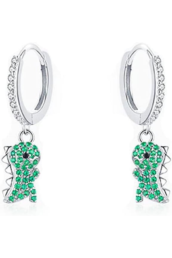 Cute Dinosaur Dangle Hoop Earrings S925 Sterling Silver Green Cubic Zirconia Crystal Lovely Animal Dangling Charm Drop Huggie Hoops Studs Earring Dainty Jewelry for Women
