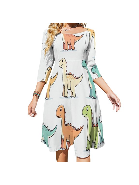 Cute Dinosaur Evolution Stickers Womens Summer Dress Tie Back A Line Flare Dress
