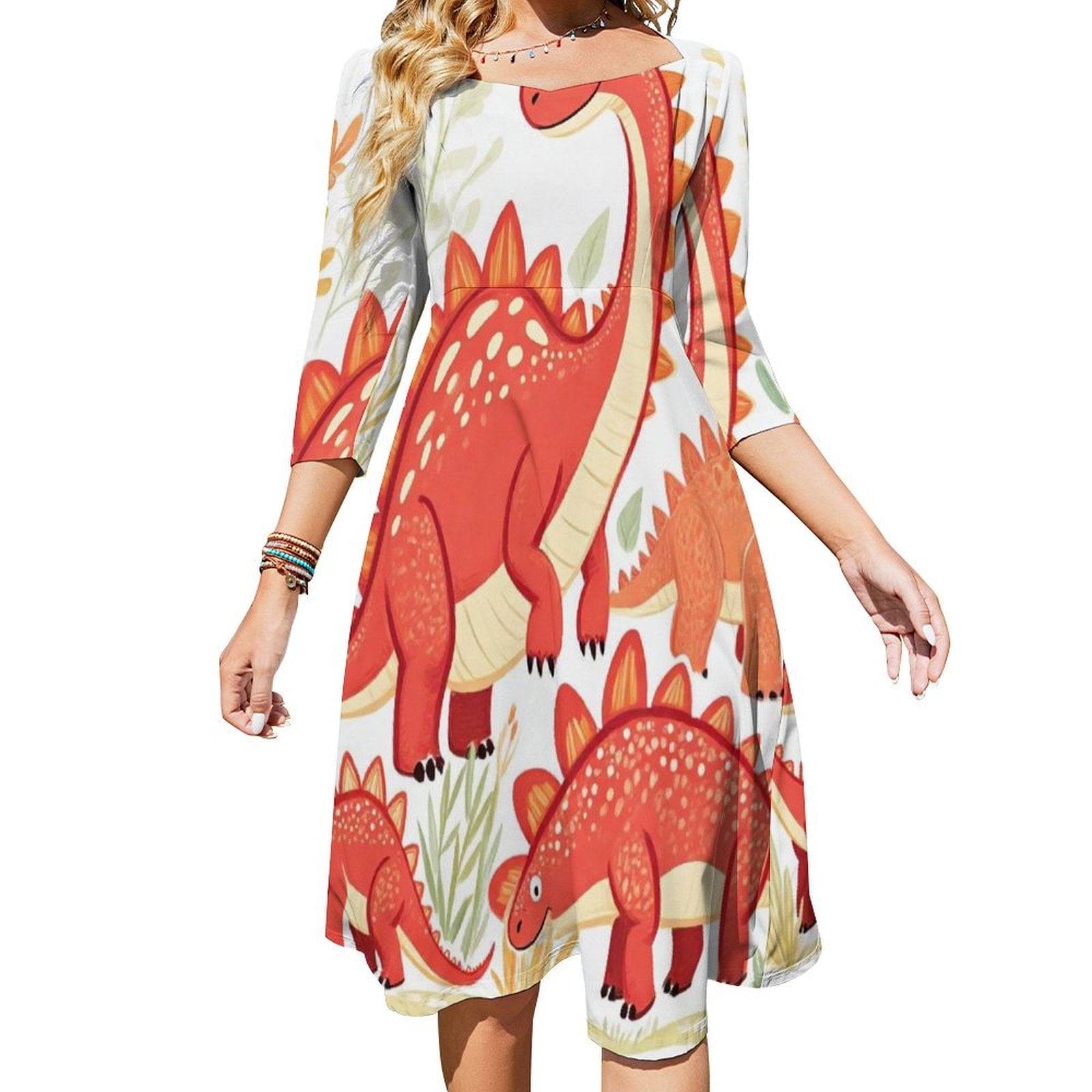 Cute Dinosaur Family Pattern Women's Fall Dresses Casual Loose Flowy ...