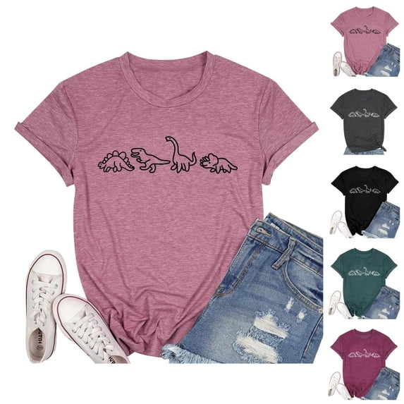 Cute Dinosaur Graphic Tees for Women 2026 Summer Casual Short Sleeve Crewneck Dino T Shirts