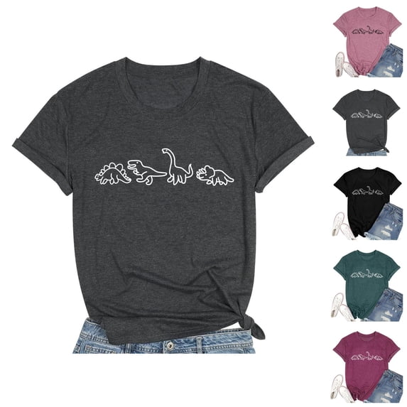 Cute Dinosaur Graphic Tees for Women 2026 Summer Casual Short Sleeve Crewneck Dino T Shirts