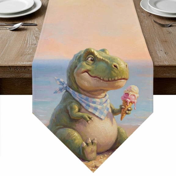 Cute Dinosaur Ice Cream Table Runner Linen Burlap Table Runner 108 Inches Long Sunset Summer Beach Watercolor Dresser Scarves for Kitchen Island Coffee Dining Room Party Wedding Decor 13"x108"