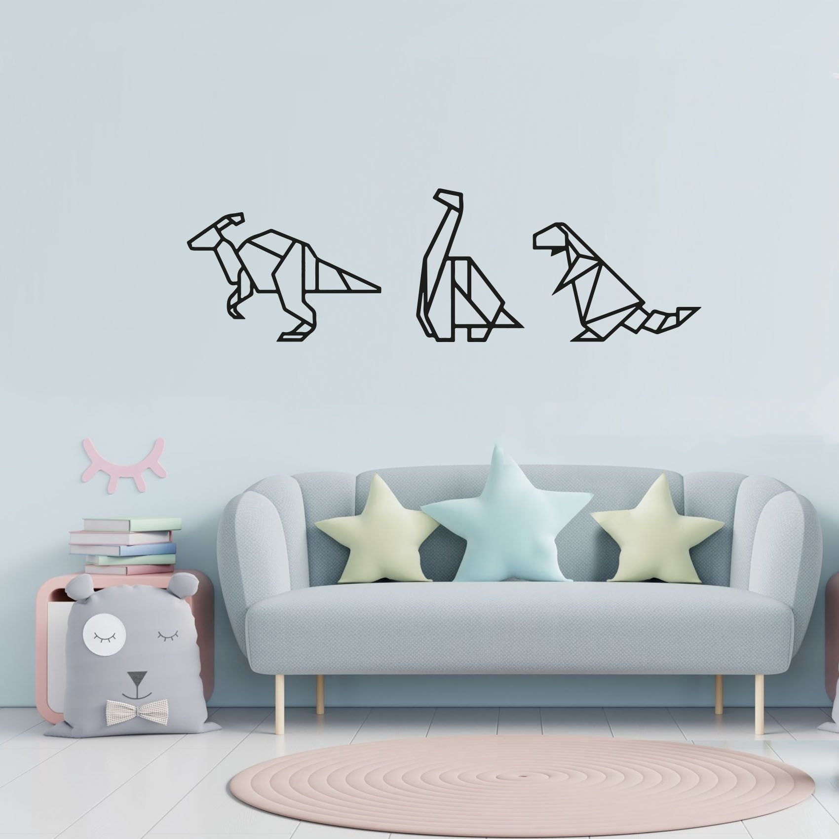 Cute Dinosaur Origami Paper Art Style Dinosaurs Paper Silhouette Vinyl Design Wall Sticker Wall Art Wall Decal Boy Girl Kid Bedroom Nursery Kinder Home Decor Stickers Decoration Size (16x40 inch)