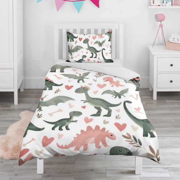 Cute Dinosaur Pattern Duvet Cover and Pillowcase Set for Single Bedding, Bedroom Accessories for Kids Teens