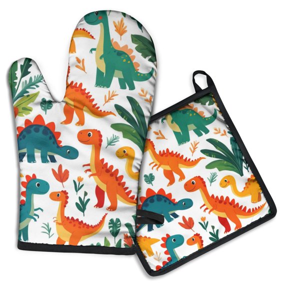 Cute Dinosaur Pattern Kitchen Oven Mitt and Pot Holder Sets 2 Pcs for Baking, Cooking and Grilling, Heat Resistant Up To 392 °F