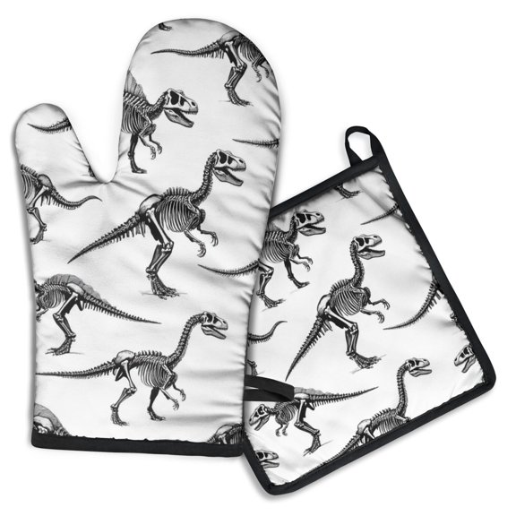 Cute Dinosaur Pattern Kitchen Oven Mitt and Pot Holder Sets 2 Pcs for Baking, Cooking and Grilling, Heat Resistant Up To 392 °F