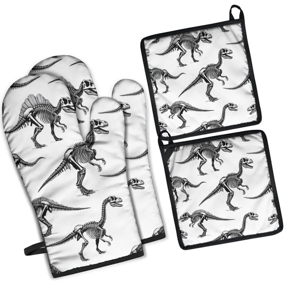 Cute Dinosaur Pattern Kitchen Oven Mitt and Pot Holder Sets 4 Pcs for Baking, Cooking and Grilling, Heat Resistant Up To 392 °F
