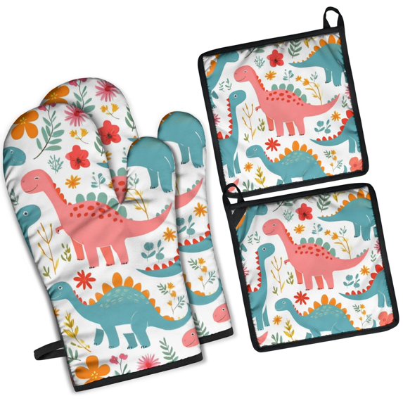 Cute Dinosaur Pattern Kitchen Oven Mitt and Pot Holder Sets 4 Pcs for Baking, Cooking and Grilling, Heat Resistant Up To 392 °F
