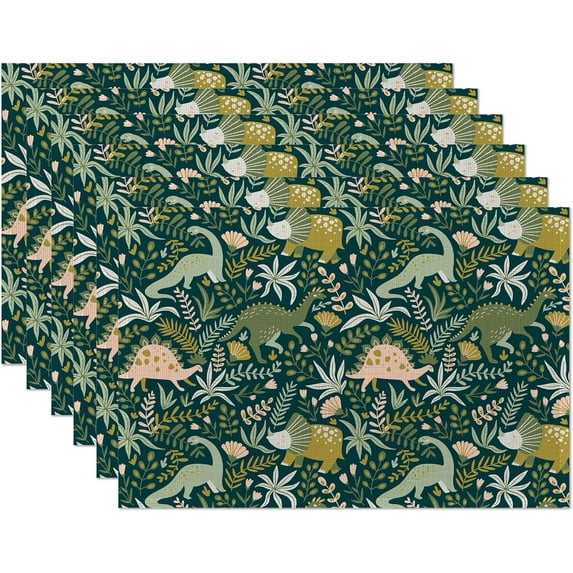 Cute Dinosaur Placemats Set of 6,Tropical Leaf Flower Place Mats Heat Resistant Washable Non-Slip Table Mats for Party Kitchen Dining Decor 12x18 Inch