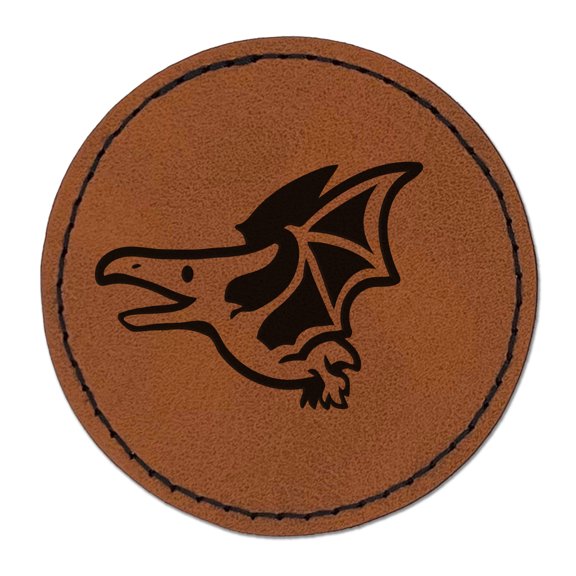 Cute Dinosaur Pterodactyl Pteranodon Flying 2.5" Faux Leather Round Engraved Iron-On Patch - Brown